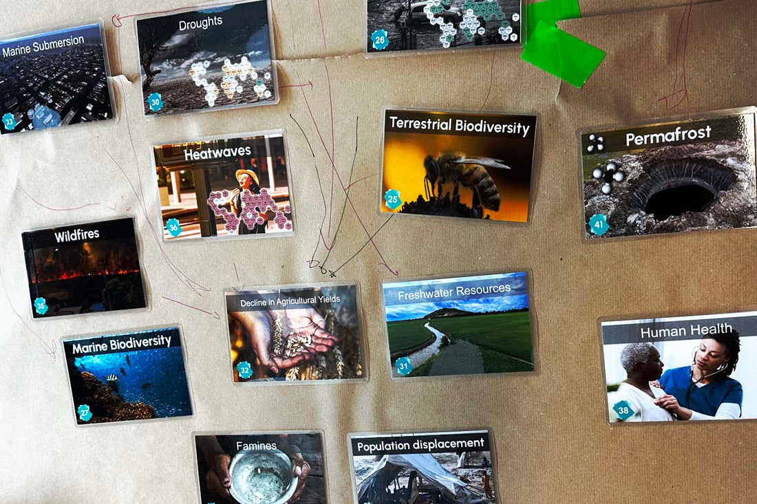 Climate Fresk cards showing linked climate impacts like droughts, biodiversity loss, wildfires, and human health.