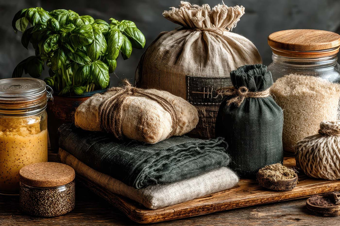 A rustic display of sustainable gifts wrapped in natural fabrics, jars, and reusable packaging, set alongside fresh basil and pantry staples.