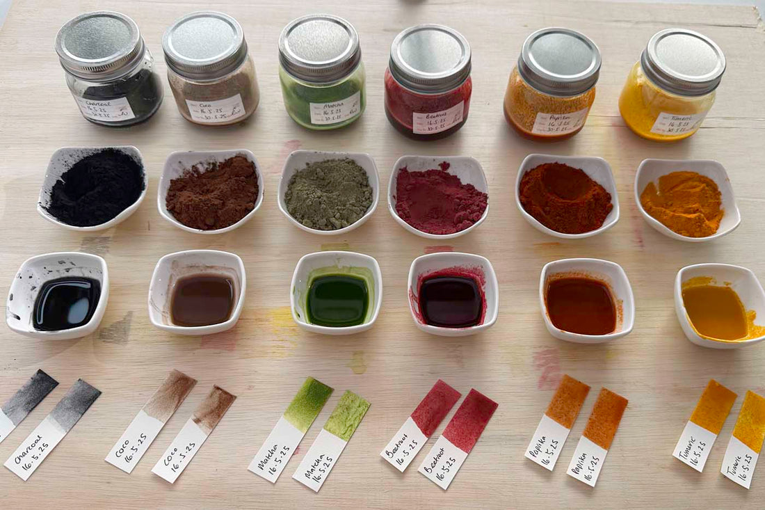 A flat lay of the full process of making natural paints from kitchen ingredients.