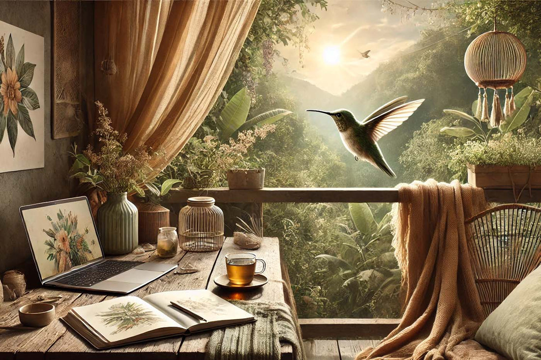 A serene workspace on a balcony, surrounded by greenery, with a hummingbird hovering near its nest.