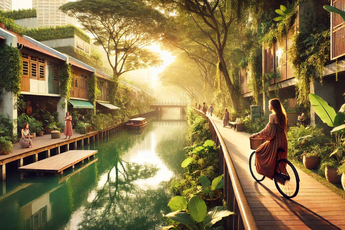 Wilde Hippi-style Singapore canal image, reflecting sustainability and a bohemian aesthetic.