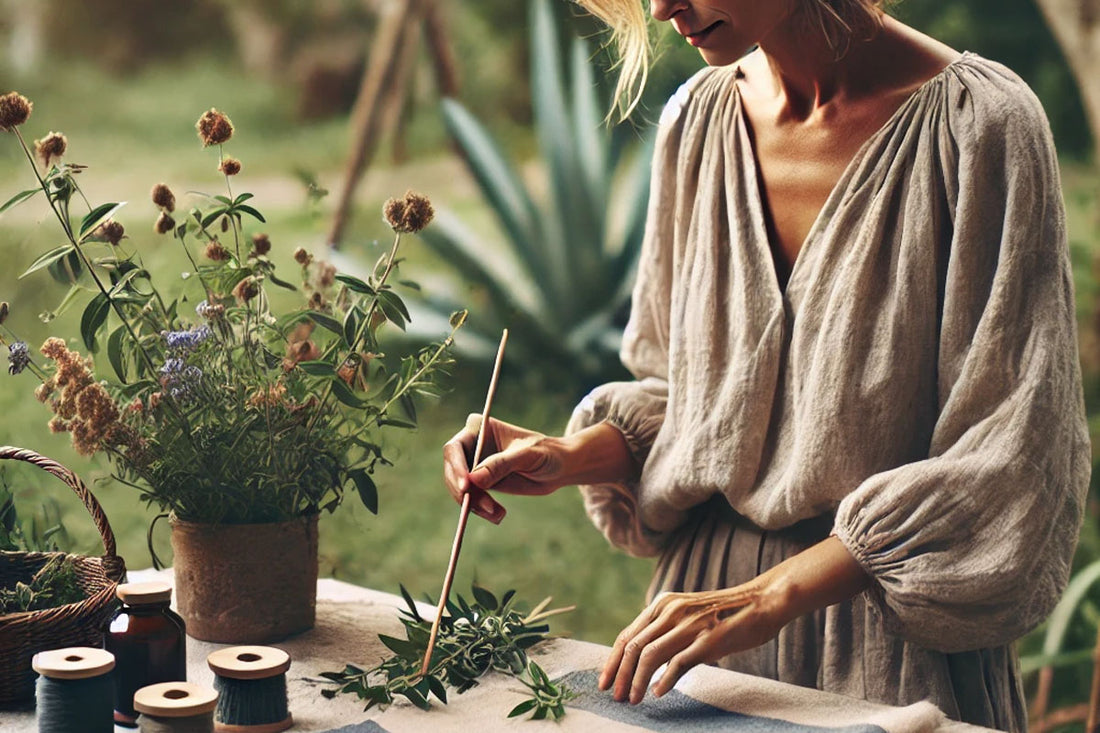 A 46-year-old female sustainable fashion designer with a fuller figure, wearing an eco-friendly linen outfit in earthy tones. She is working on textile designs in a serene, green outdoor setting, surrounded by natural dye plants and fabric swatches.