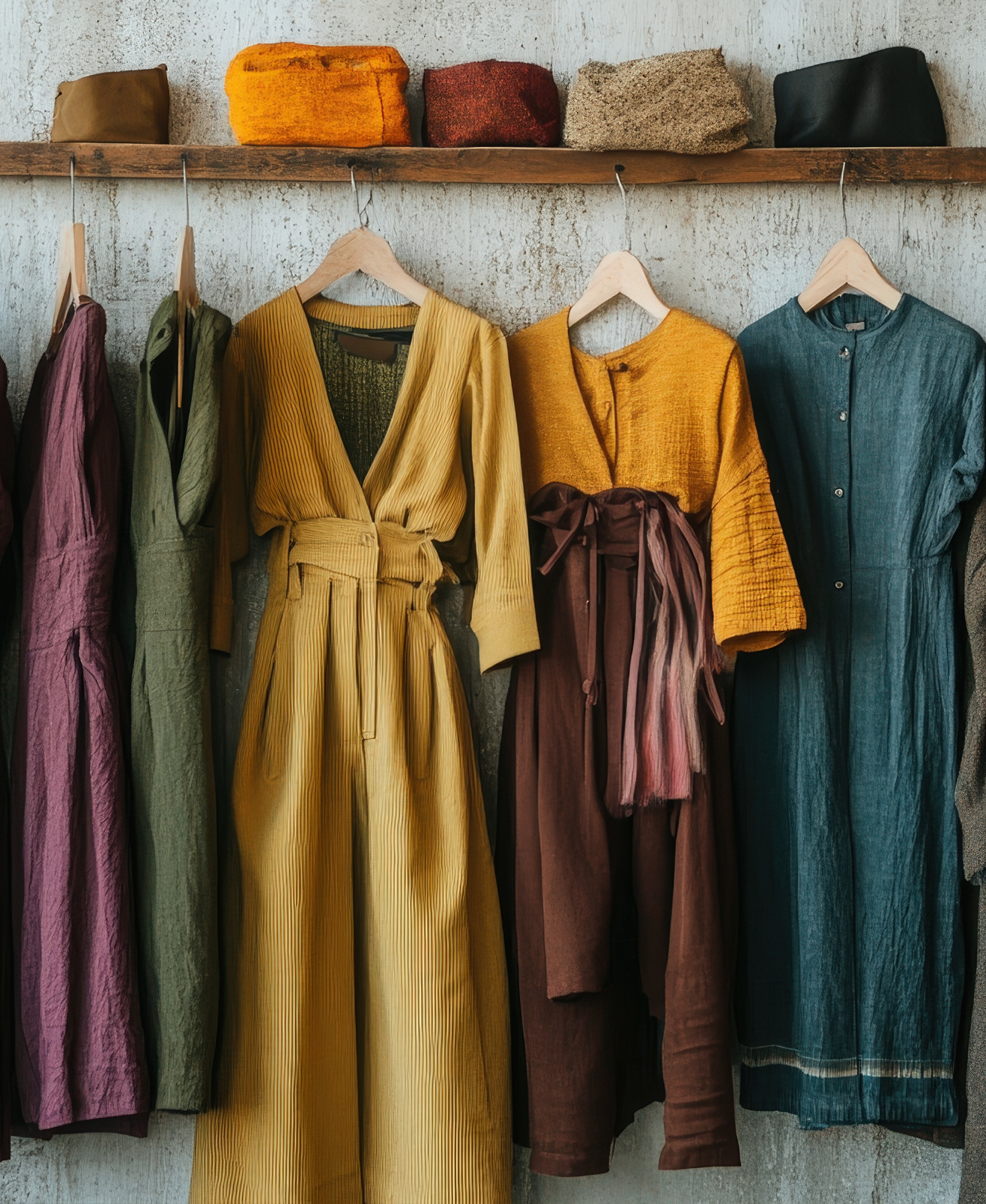 A row of earth-toned, naturally dyed garments hanging on wooden hangers against a textured wall.