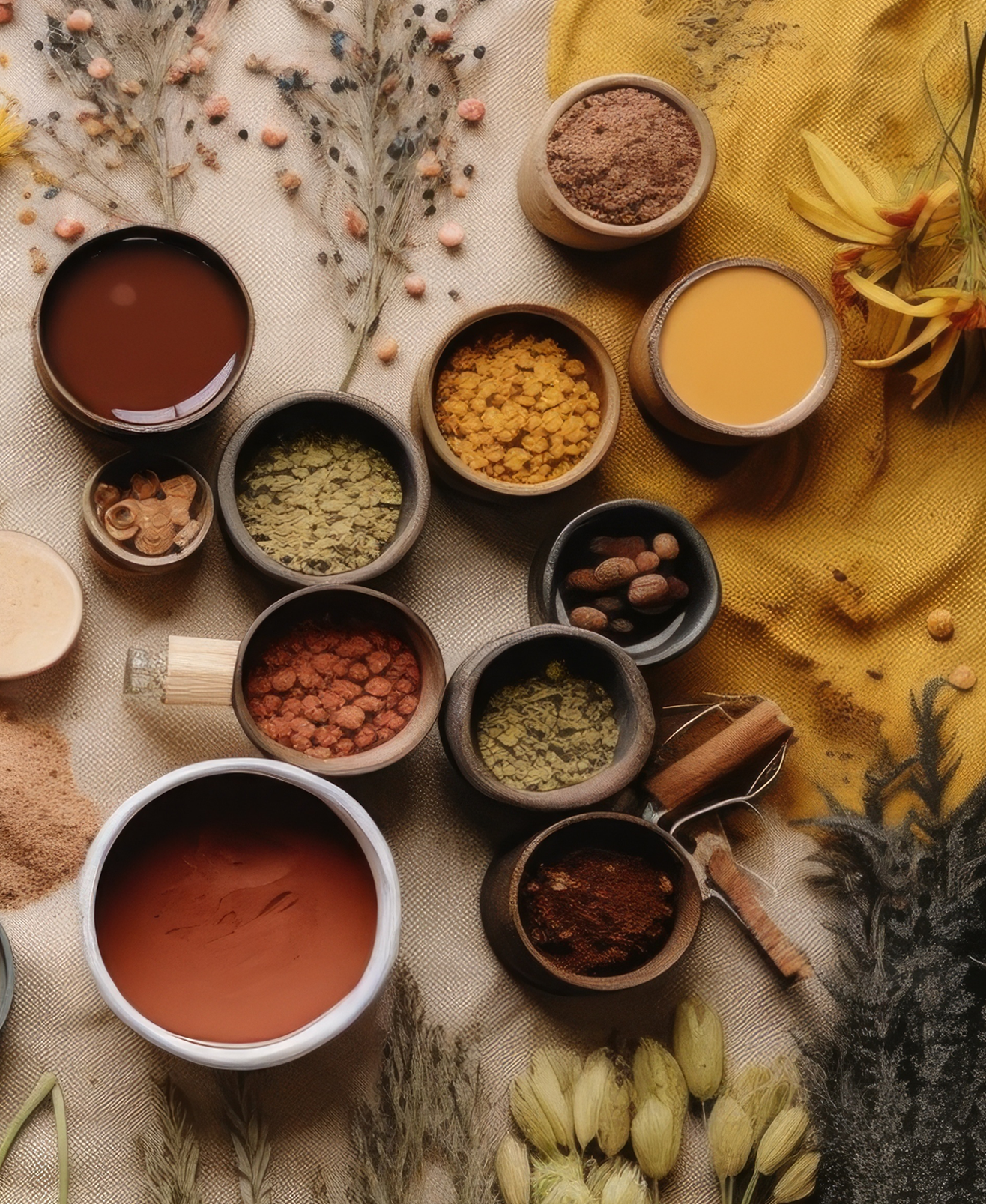 A flat lay of natural dye ingredients in ceramic and wooden bowls, featuring powders, pigments, seeds, and plant materials on a textured fabric surface with dried flowers and a yellow cloth.