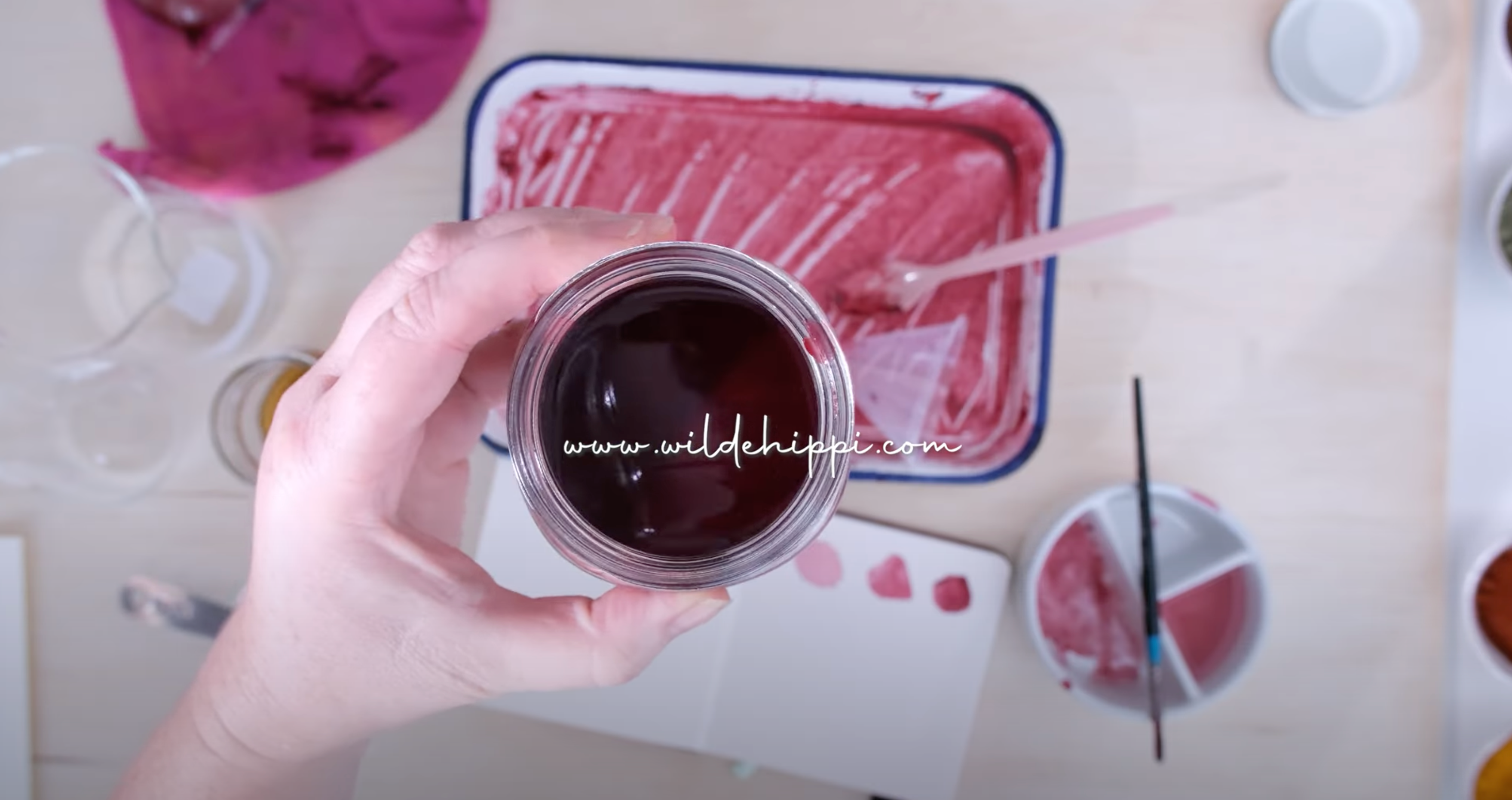 Load video: A DIY tutorial showing how to make natural paints using kitchen ingredients like beetroot, turmeric, cocoa, and matcha, blended with gum Arabic for safe, eco-friendly crafting. Includes step-by-step demonstrations, swatch tests, and creative applications for kids and mindful artists.