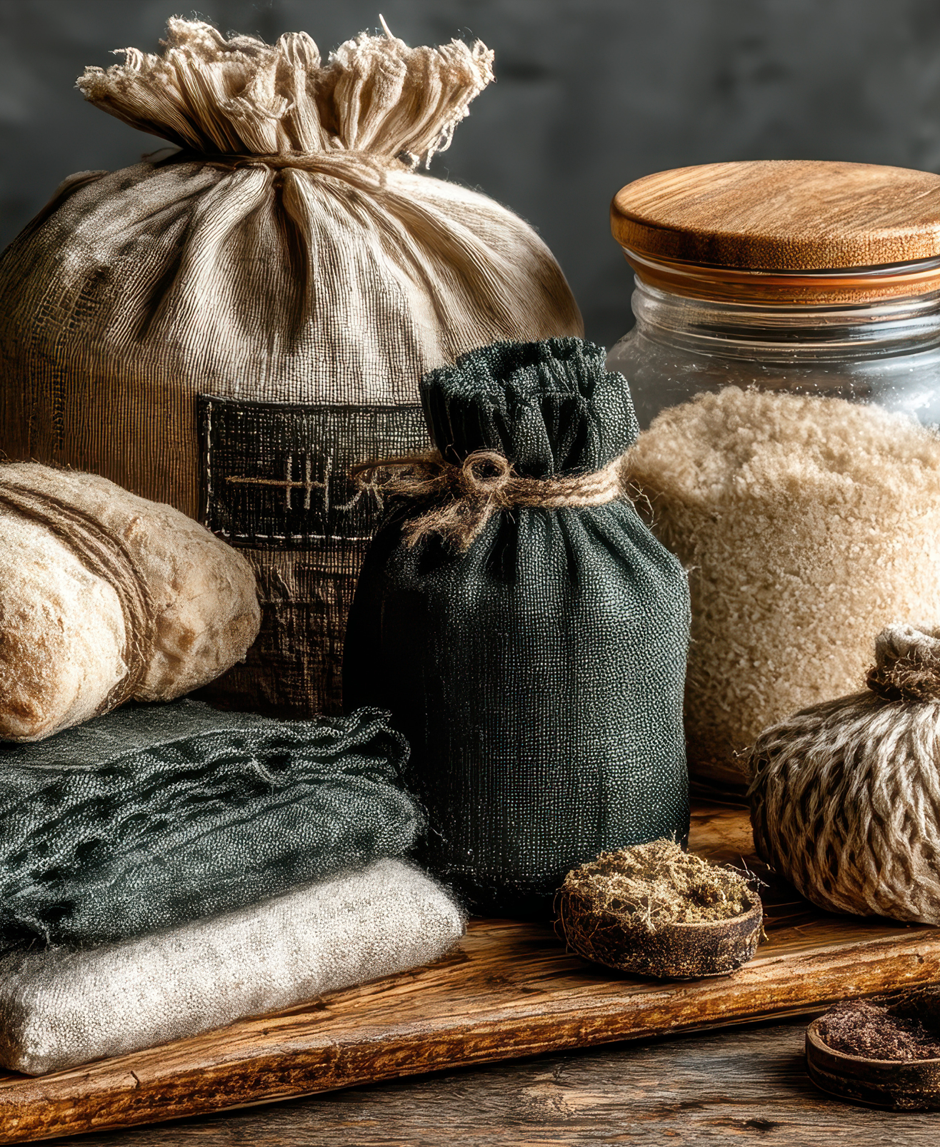 A rustic arrangement of eco-friendly gift items, including drawstring fabric pouches, folded natural textiles, a glass jar of rice, and dried loofahs on a wooden tray.